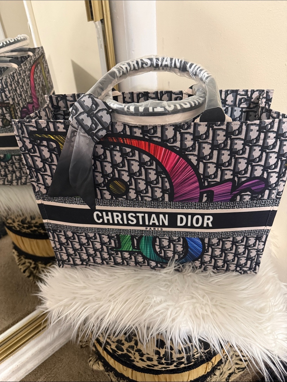 Multicolor Oblique Canvas Tote with Rainbow Accents